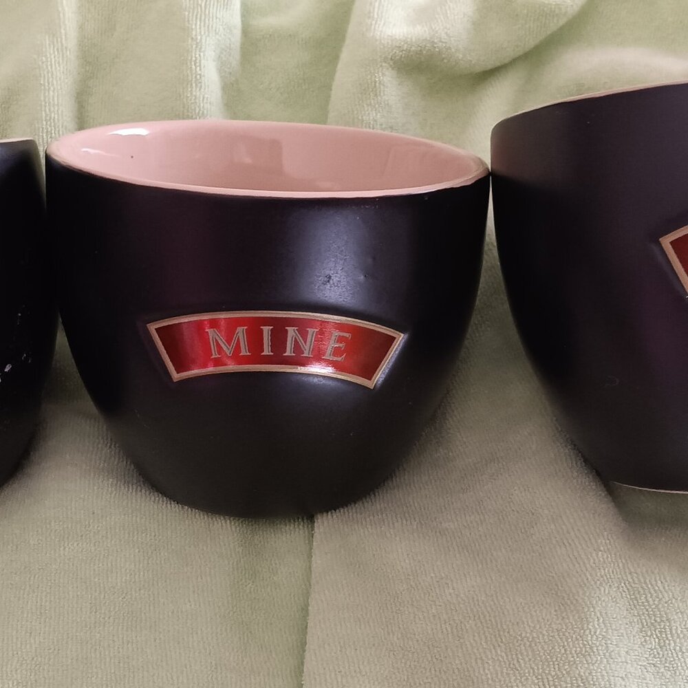 Kahula Liqueur Low ball brown ceramic cups set of 2 "Mine" and "Yours" new